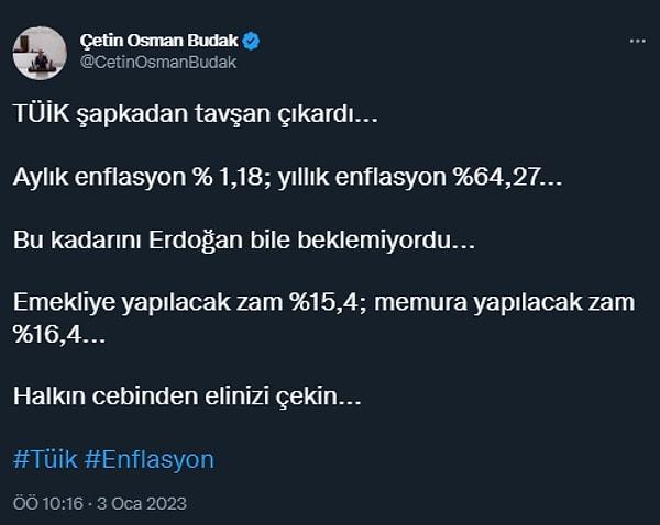 CHP Antalya Milletvekili Çetin Osman Budak, "Halkın cebinden elinizi çekin" dedi.