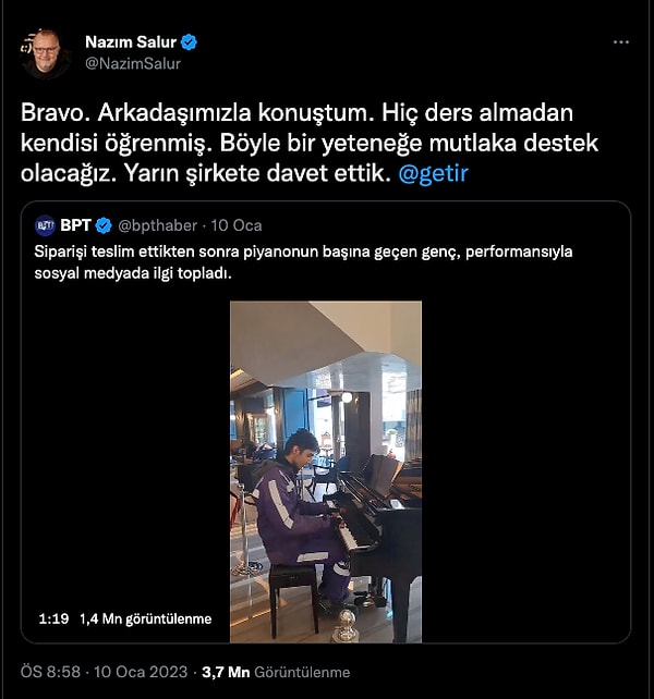 Başarısıyla sosyal medyayı adeta sallayan genç  isim TikTok'ta da "Fivem Admini" isimli hesabında piyano çaldığı videolarını paylaşıyor. Kurye olarak çalıştığı firmanın kurucusu Nazım Salur da bu duruma tepkisiz kalmadı ve gence sahip çıkacaklarını söyledi.