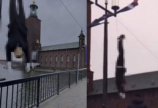 Başkent Stockholm'de tarihi belediye binası önünde toplanan bir grup terör örgütü PKK/YPG destekçisi, Cumhurbaşkanı Recep Tayyip Erdoğan'a benzetilen bir kuklayı binanın önündeki direğe ayaklarından astı ve bu anın görüntüsünü sosyal medyadan paylaştı.
