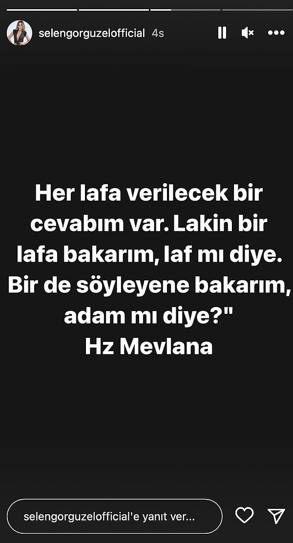 Boluğur'un sözlerinin ardından Görgüzel ise sosyal medya hesabından ''Her lafa verilecek bir cevabım var. Lakin bir lafa bakarım, laf mı diye. Bir de söyleyene bakarım adam mı diye?" yazarak göndermeli bir paylaşımda bulundu.