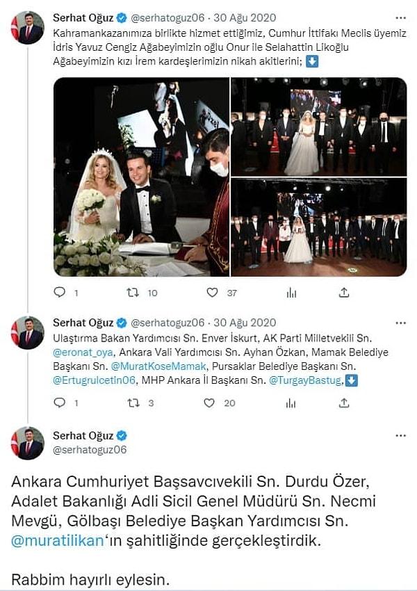 Kahramankazan Belediye Başkanı Serhat Oğuz’un Twitter’dan yaptığı bir diğer paylaşımda da Özer’in Ağustos 2022’de MHP’li bir ailenin düğününe katıldığı ve nikah şahitliğini yaptığı görülüyor.