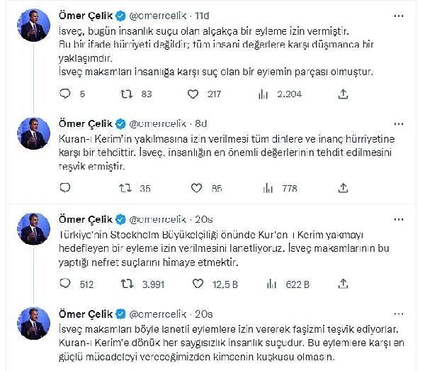 AK Parti Sözcüsü Ömer Çelik, "İsveç, bugün insanlık suçu olan alçakça bir eyleme izin vermiştir. Kur'an-ı Kerim’e dönük her saygısızlık insanlık suçudur. Bu eylemlere karşı en güçlü mücadeleyi vereceğimizden kimsenin kuşkusu olmasın" dedi.