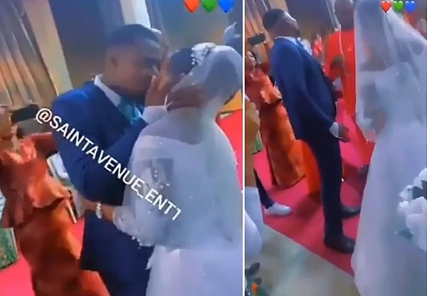 Bir kilisede evlenen çift, davetlilerin arasında nikahlarını kıydıktan sonra öpüşmek istediler.