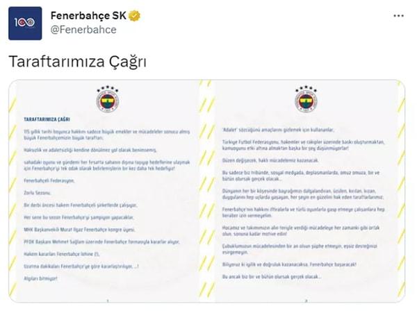 Beşiktaş'tan bir süre sonra Fenerbahçe, taraftarına çağrıda bulunduğu bir paylaşım yaptı.