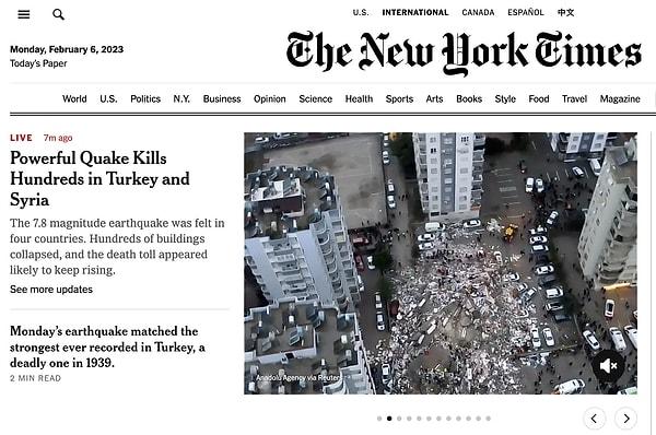3. The New York Times - 'Güçlü deprem Türkiye ve Suriye'de yüzlerce kişiyi öldürdü'