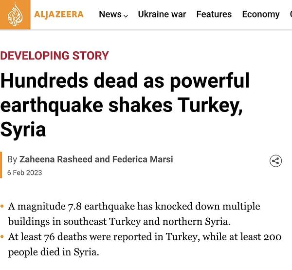 10. Al Jazeera - 'Güçlü deprem Türkiye ve Suriye'yi sallarken yüzlerce kişi öldü'