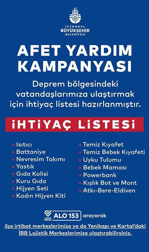 İstanbul Büyükşehir Belediyesi Yenikapı ve Kartal'daki ihtiyaç listesi ve teslim edebileceğiniz lojistik merkezlerinin adresi:
