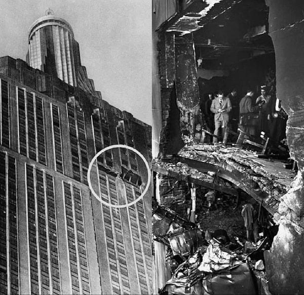 1. 1945'te bir bombardıman uçağı çarptıktan sonra Empire State Binası 👇