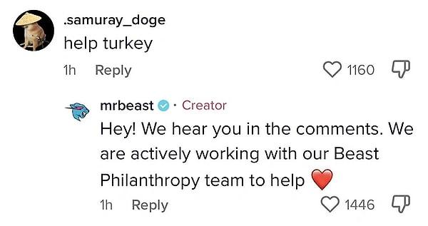 Bir kullanıcının "Türkiye'ye yardım et" mesajının ardından MrBeast yanıt verdi. 👇
