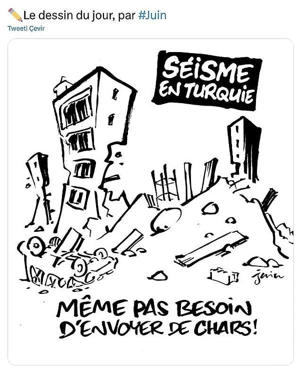 Bizler canlarımızla boğuşurken; daha öncesinde de İslamofobik paylaşımlarıyla gündeme gelen Fransız ‘mizah’ dergisi Charlie Hebdo, ülkemizde yaşanan bu korkunç depremlere gönderme yapan bir karikatür paylaştı…