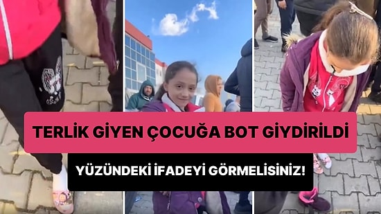 Yüzündeki Mutluluğu Görmelisiniz! Soğuk Havada Terlikle Duran Minik Depremzedeye Bot Giydiren Güzel İnsan