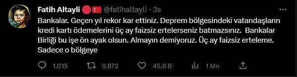 Gazeteci Fatih Altaylı, sosyal medyadan bankalara seslenerek deprem bölgesinde vatandaşlar için harekete geçmeye çağırdı.