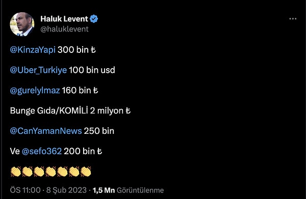 Hatta Haluk Levent, Can Yaman'ın yaptığı 250 bin TL'lik yardımı Twitter'dan böyle duyurmuştu.