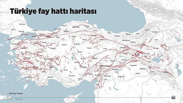 Maden Tetkik Arama Genel Müdürlüğü (MTA) tarafından derlenen 'Türkiye Diri Fay Haritası'na göre fay hattı üzerinden geçen 45 il ve 110 ilçemiz şu şekilde;