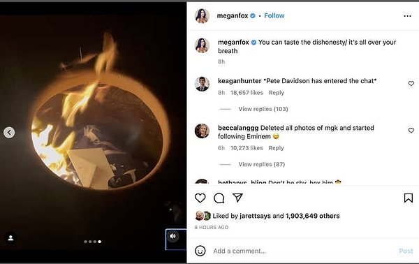 Вернемся к его отношениям с Меган. В своем воскресном посте в Instagram Фокс также написала: "You can taste the dishonesty/ it's all over your breath," (перевод "Ложь ощущается в воздухе/ Она в твоем дыхании"), — это слова из песни Бейонсе "Pray You Catch Me" из Lemonade - печально известного альбома Бейонсе о неверности Джей Зи. Фокс также включила в свой пост фотографию горящего конверта.