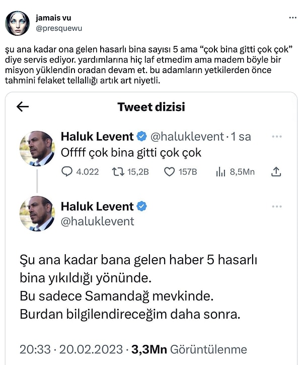 Bir Twitter kullanıcısı, bu paylaşımları hedef göstererek Haluk Levent'i "felaket tellallığı" yapmakla ve "art niyetli" olmakla suçladı.