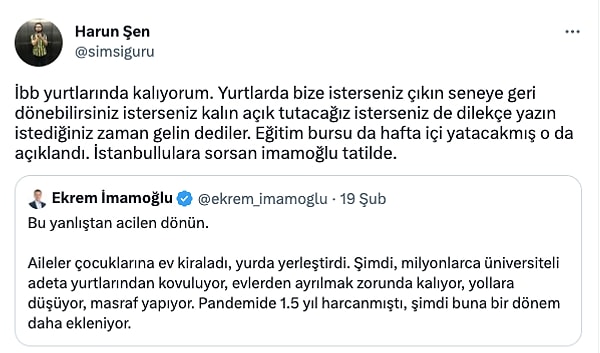 Birçok öğrenciden bu tweet'e retweet ve alıntı geldi. Bunlardan bazıları ise İBB yurdunda kalan öğrencilerdendi.