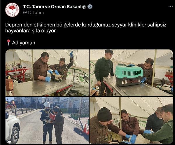 Ancak ne olduysa günler sonra Tarım Bakanlığı, söz konusu hayvan tedavi merkezinin kendileri tarafından kurulduğunu beyan eden paylaşımlar yaptı. Bu kez merkezi kuran gönüllülerin ismi geçmiyordu.