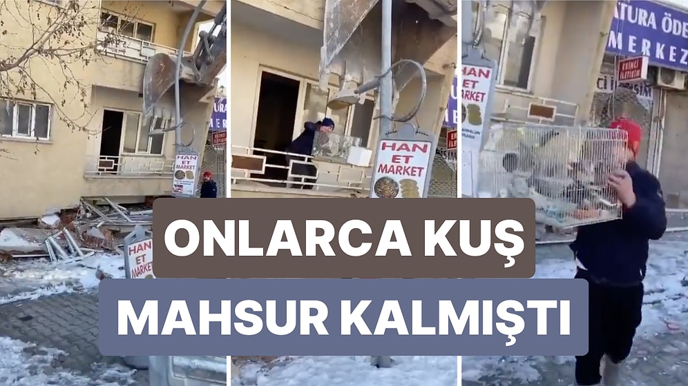 Adıyaman'da Yıkılma Tehlikesi Olan Binayı Kepçe ile Destekleyip İçindeki Kuşların Bulunduğu Kafesi Çıkardılar