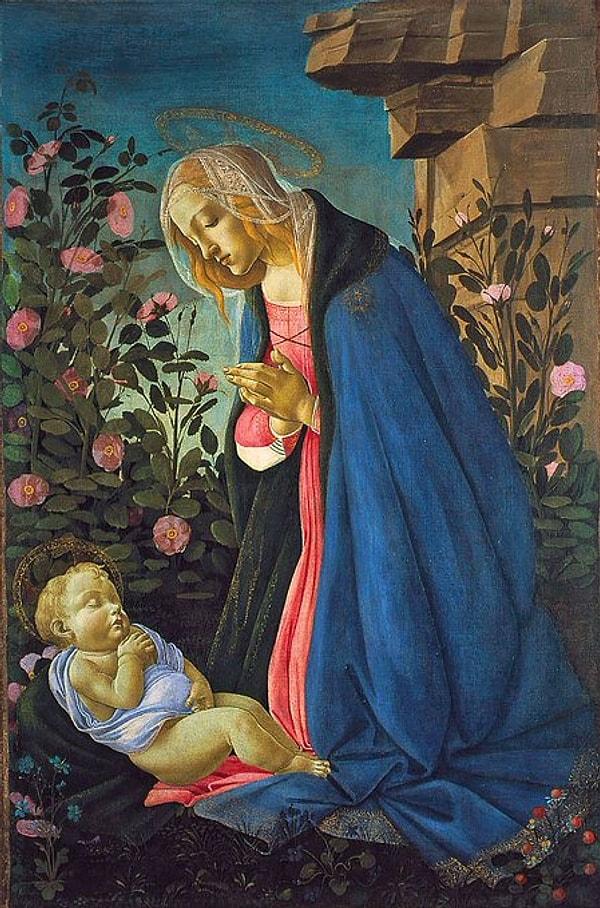 Botticelli'nin ünlü olduğu bir diğer konu da Meryem ve bebek İsa resimleriydi. Bu tablolarda onun pastel tonlara, gösterişli kumaşlara ve çiçeklere olan sevgisini net bir şekilde görebiliyoruz.