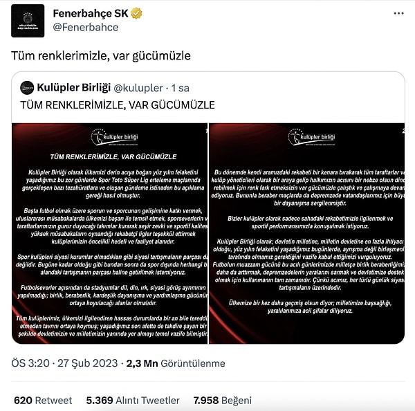 Başkanlığını Ali Koç'un yaptığı Kulüpler Birliği'nin açıklamasını Fenerbahçe'nin alıntılaması ise sosyal medyada çok konuşuldu.