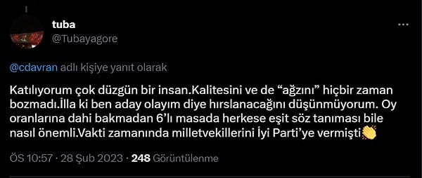 "Oy oranlarına dahi bakmadan 6’lı masada herkese eşit söz tanıması bile nasıl önemli."