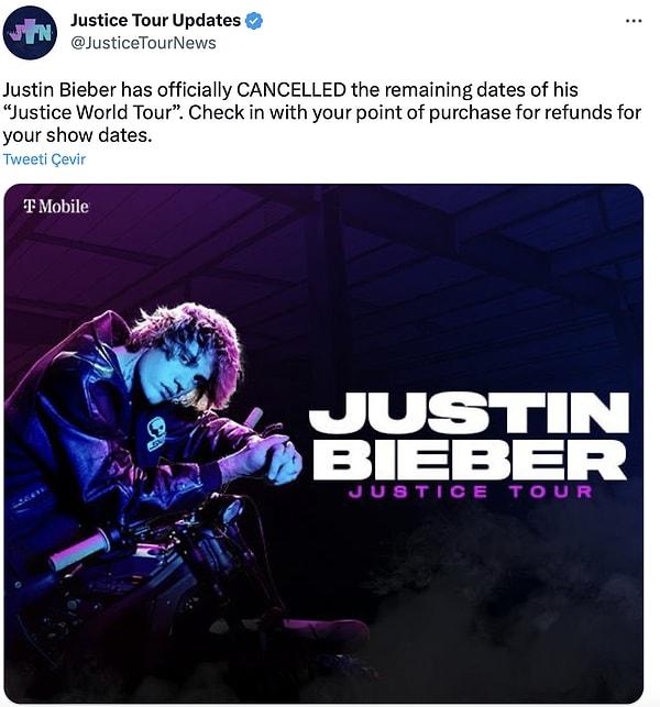 Justice Tour Update isimli Twitter hesabıyla Justin hayranlarına turun geri kalan konserlerinin iptal edildiği duyuruldu.