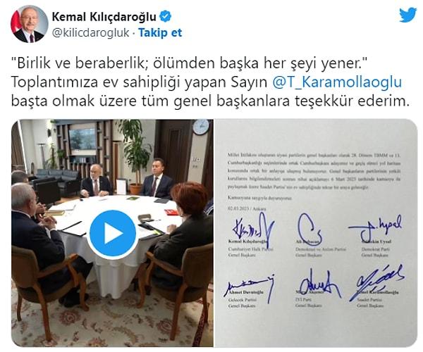 CHP Genel Başkanı Kemal Kılıçdaroğlu, Altılı Masa liderlerinin adaylık gündemiyle gerçekleştirdiği toplantının ardından sosyal medya hesabından açıklama yaptı.