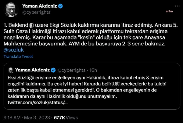 Prof. Dr. Yaman Akdeniz'in Twitter paylaşımları