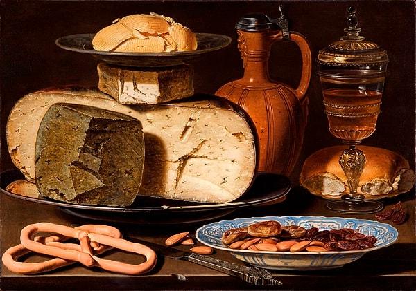 1. Clara Peeters'ın 1615 yılında tamamladığı "Peynir, Badem ve Brezelli Natürmort" adlı eseriyle başlayalım.