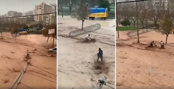 O sel nedeniyle bir anne ve çocuğu da akıntıya kapıldı. Anne ve çocuğunu vatandaşlar kurtardı.