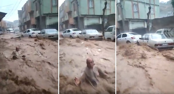 Sağanak yağış nedeniyle oluşan sel sularında bir vatandaş sürüklendi. O vatandaşa el uzatmak yerine video kaydı alanlar iste tepki çekti.