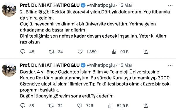 Nihat Hatipoğlu'nun Twitter paylaşımı