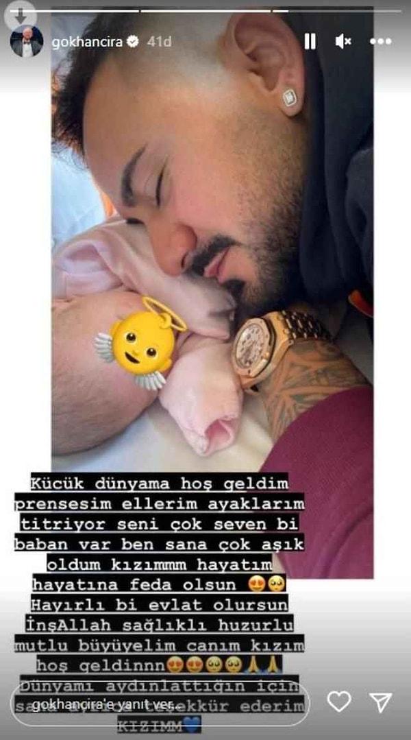 Selin Ciğerci ile birlikte olduğu dönemde bir bebek evlat edinen Gökhan Çıra, bunu sosyal medyada paylaşarak kızına Saadet Selenay ismini verdiğini duyurmuştu.