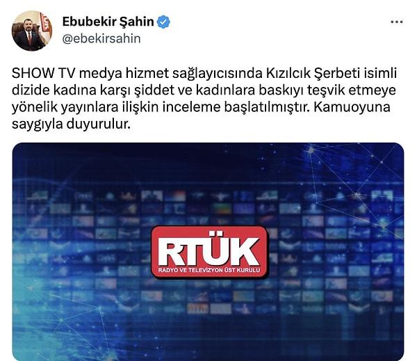 Yoğun eleştirilerin ardından da RTÜK Başkanı Ebubekir Şahin şikayet edilen dizi hakkında inceleme başlatacağını duyurmuştu.