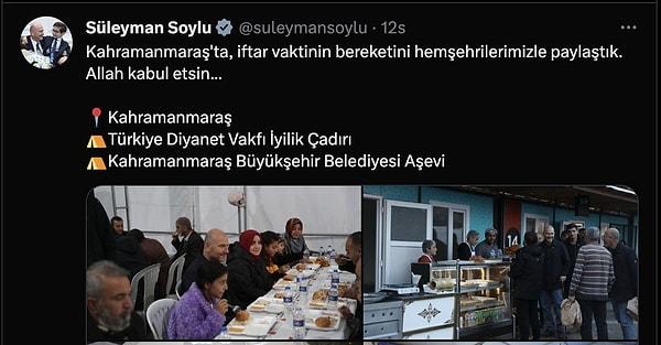 Paylaşıma ise "Kahramanmaraş'ta, iftar vaktinin bereketini hemşehrilerimizle paylaştık" notunu düştü.