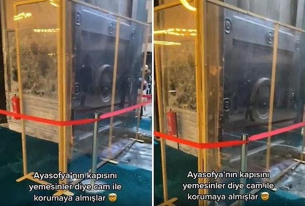 Geçtiğimiz gün sosyal medyada yapılan bir paylaşımda Ayasofya'nın kapısının zarar görmemesi için cam bölme ile korumaya alındığı iddia edildi.