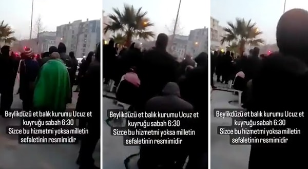 İstanbul Beylükdüzü'nde çekilen bu görüntülerde ucuz ete ulaşabilmek isteyen halkın sabahın 6:30'unda Et ve Balık Kurumunun önünde uzun kuyruklar oluşturduğu görülüyor.