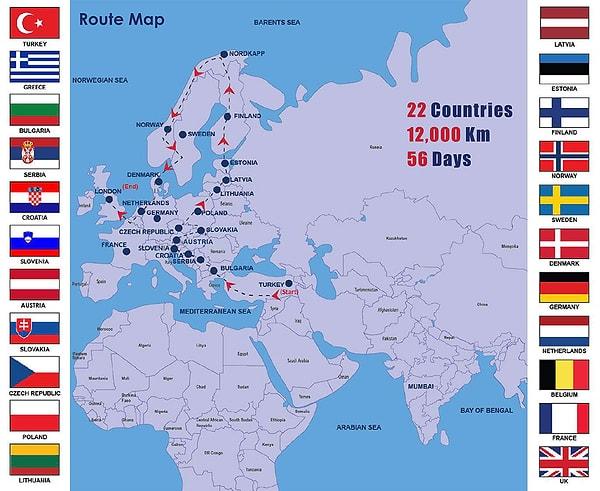 'Bus to London' yolculuğu tam olarak 22 ülkeden geçecek.