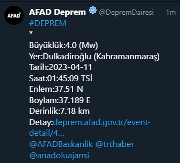 Bir diğer deprem de Kahramanmaraş'ta meydana geldi. AFAD'ın açıklamasına göre; saat 01:45'te Dulkadiroğlu'nda olan depremin büyüklüğü 4,0.