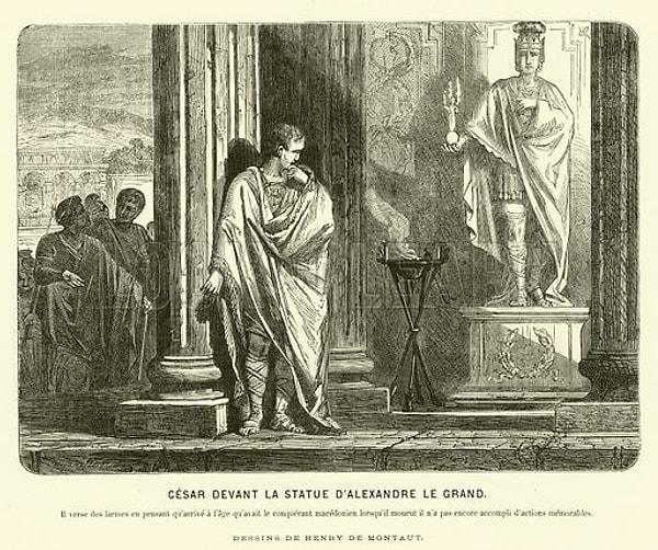 Sezar, Herkül Tapınağı'nı ziyaret ederken Gades'te (günümüzün İspanya’sında) İskender'in heykelinin önünde durmuştu. O dönemde alt düzey bir mali yönetici anlamına gelen bir ‘quaestor’ olarak görev yapıyordu.