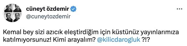 Cüneyt Özdemir de kendisini eleştirdiği için yayınlarına çıkmadığını düşünmüş olacak ki şöyle bir tweet attı...