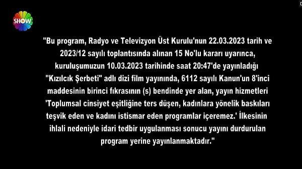Dün akşam yeni bölümünün yayınlanmasına saatler kala RTÜK'ün kararıyla yayından alınan ve yerine belgesel koyulan Kızılcık Şerbeti'nin bu cezayı almasına neden olan sahneleri sıraladık.