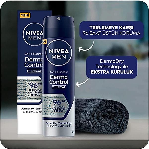 Çok terleyen erkekler için özel olarak geliştirilmiş formüle sahip olan ve 96 saate kadar koruma sağlayan Nivea Derma Control sprey deodorant alkolsüz içeriğe sahip.