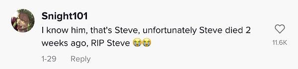 Ancak bazı TikTok kullanıcıları bu adamın adının Steve olduğunu; aynı zamanda kendisinin trajik bir şekilde trafik kazası geçirerek vefat ettiğini iddia etti.
