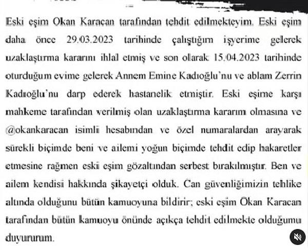 Zeynep Kadıoğlu, sosyal medyada yardım çağrısında bulunduğu bir açıklama yaptı. "Eski eşim Okan Karacan tarafından tehdit edilmekteyim.'' diyerek can güvenliğinin olmadığını söyledi.
