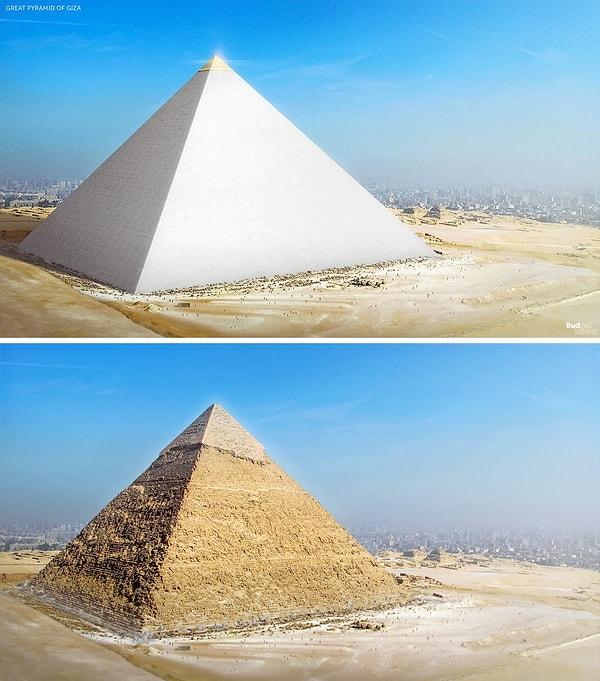 Büyük Piramit, kenarları yaklaşık 230 metre olan kare bir tabana ve 146 metre yüksekliğe sahiptir.