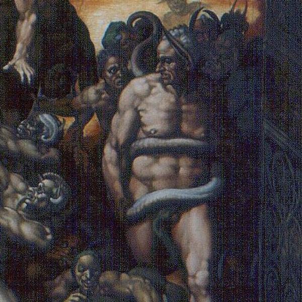 Michelangelo'nun çalışmalarını eleştiren Biagio da Cesena'nın gizli tasviri. Burada Michelangelo'nun acımasız ve uzlaşmaz kişiliğini tam olarak görebiliyoruz.