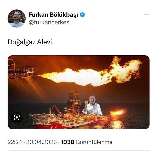 Bölükbaşı, Cumhurbaşkanı Erdoğan'ın doğal gaz açıklamasının ardından Millet İttifakı Cumhurbaşkanı Adayı Kemal Kılıçdaroğlu'nun paylaştığı "Alevi" videosundaki görüntüsünü kullanarak Alevi vatandaşlar ile dalga geçen bir paylaşım yaptı.