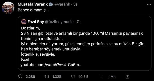 Say'ın bestesini beğenmeyen Sanayi ve Teknoloji Bakanı Mustafa Varank Twitter hesabından paylaşım yaptı. Varank 'Bence olmamış...' ifadelerini kullandı.
